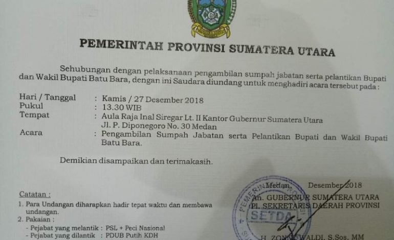 Pelantikan Bupati dan wakil Bupati Batu Bara Digelar Kamis Pukul 13.30 WIB di Medan